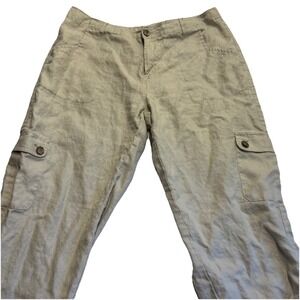 Sahalie Linen Capris 14 Khaki Pockets Coastal Beachy‎ -Missing Pocket Button